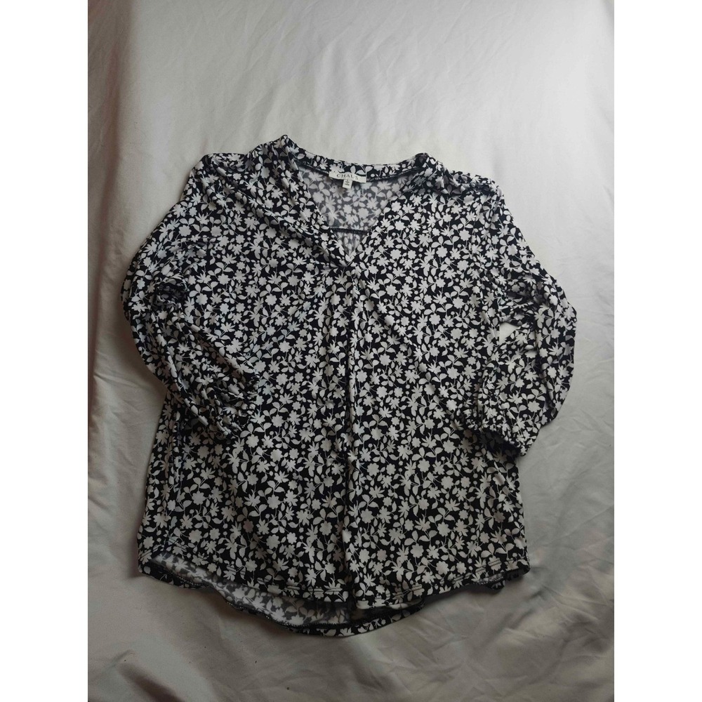 Chaus New York Womens Large Black White Floral Split Neck 3/4 Sleeve‎ Blouse Top